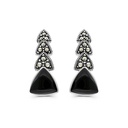 Sterling Silver 925 Earring Embedded With Natural Black Agate And Marcasite Stones