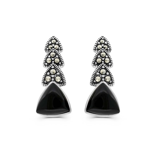 [EAR04MAR00ONXA322] Sterling Silver 925 Earring Embedded With Natural Black Agate And Marcasite Stones