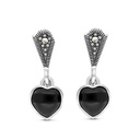 Sterling Silver 925 Earring Embedded With Natural Black Agate And Marcasite Stones