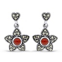 Sterling Silver 925 Earring Embedded With Natural Aqiq And Marcasite Stones