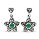 Sterling Silver 925 Earring Embedded With Natural Green Agate And Marcasite Stones