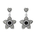 Sterling Silver 925 Earring Embedded With Natural Black Agate And Marcasite Stones