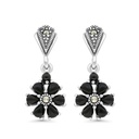 Sterling Silver 925 Earring Embedded With Natural Black Agate And Marcasite Stones