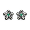 Sterling Silver 925 Earring Embedded With Natural Green Agate And Marcasite Stones