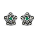 Sterling Silver 925 Earring Embedded With Natural Green Agate And Marcasite Stones