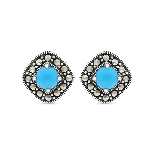 [EAR04MAR00TRQA333] Sterling Silver 925 Earring Embedded With Natural Processed Turquoise And Marcasite Stones