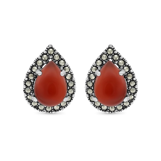[EAR04MAR00RAGA327] Sterling Silver 925 Earring Embedded With Natural Aqiq And Marcasite Stones