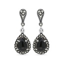 Sterling Silver 925 Earring Embedded With Natural Black Agate And Marcasite Stones