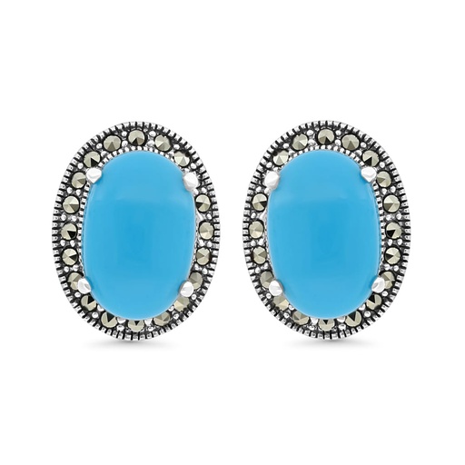 [EAR04MAR00TRQA329] Sterling Silver 925 Earring Embedded With Natural Processed Turquoise And Marcasite Stones