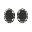 Sterling Silver 925 Earring Embedded With Natural Black Agate And Marcasite Stones