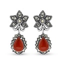 Sterling Silver 925 Earring Embedded With Natural Aqiq And Marcasite Stones