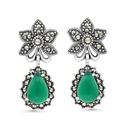 Sterling Silver 925 Earring Embedded With Natural Green Agate And Marcasite Stones