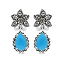 Sterling Silver 925 Earring Embedded With Natural Processed Turquoise And Marcasite Stones