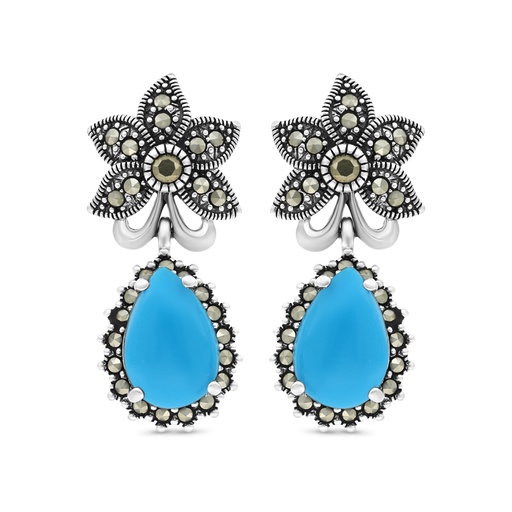 [EAR04MAR00TRQA336] Sterling Silver 925 Earring Embedded With Natural Processed Turquoise And Marcasite Stones