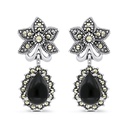 Sterling Silver 925 Earring Embedded With Natural Black Agate And Marcasite Stones