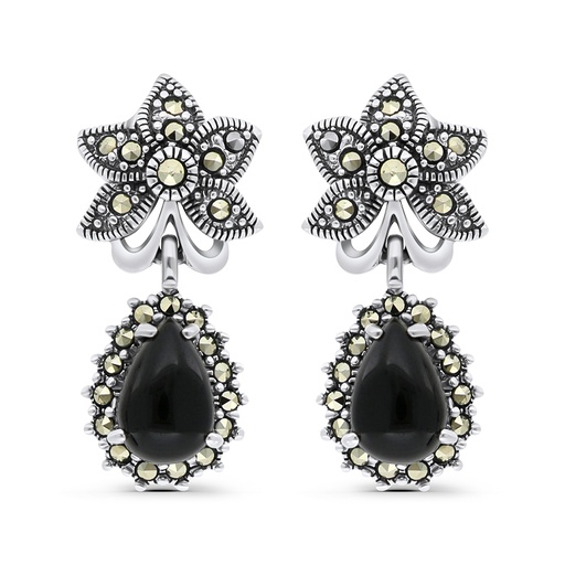[EAR04MAR00ONXA336] Sterling Silver 925 Earring Embedded With Natural Black Agate And Marcasite Stones