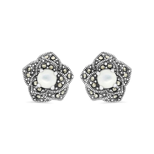 [EAR04MAR00MOPA337] Sterling Silver 925 Earring Embedded With Natural White Shell And Marcasite Stones