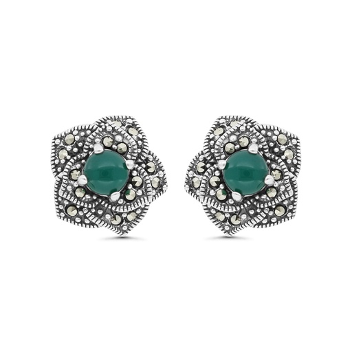 [EAR04MAR00GAGA337] Sterling Silver 925 Earring Embedded With Natural Green Agate And Marcasite Stones