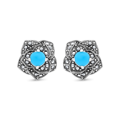 [EAR04MAR00TRQA337] Sterling Silver 925 Earring Embedded With Natural Processed Turquoise And Marcasite Stones