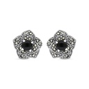 Sterling Silver 925 Earring Embedded With Natural Black Agate And Marcasite Stones