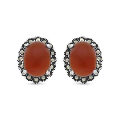 [EAR04MAR00RAGA338] Sterling Silver 925 Earring Embedded With Natural Aqiq And Marcasite Stones
