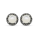 Sterling Silver 925 Earring Embedded With Natural White Shell And Marcasite Stones