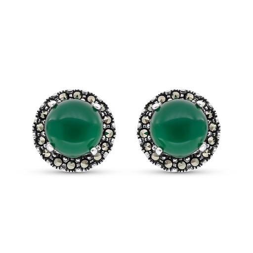 [EAR04MAR00GAGA339] Sterling Silver 925 Earring Embedded With Natural Green Agate And Marcasite Stones
