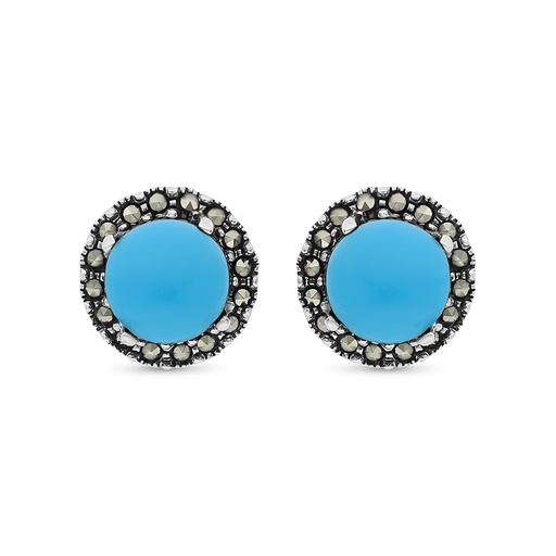 [EAR04MAR00TRQA339] Sterling Silver 925 Earring Embedded With Natural Processed Turquoise And Marcasite Stones