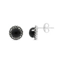 Sterling Silver 925 Earring Embedded With Natural Black Agate And Marcasite Stones