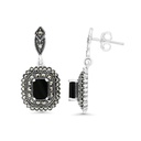 Sterling Silver 925 Earring Embedded With Natural Black Agate And Marcasite Stones