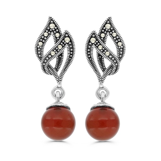 [EAR04MAR00RAGA343] Sterling Silver 925 Earring Embedded With Natural Aqiq And Marcasite Stones