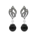 Sterling Silver 925 Earring Embedded With Natural Black Agate And Marcasite Stones