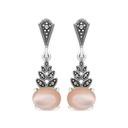 Sterling Silver 925 Earring Embedded With Natural Pink Shell And Marcasite Stones