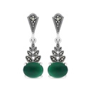 Sterling Silver 925 Earring Embedded With Natural Green Agate And Marcasite Stones
