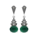 Sterling Silver 925 Earring Embedded With Natural Green Agate And Marcasite Stones