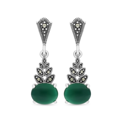 [EAR04MAR00GAGA346] Sterling Silver 925 Earring Embedded With Natural Green Agate And Marcasite Stones