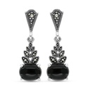 Sterling Silver 925 Earring Embedded With Natural Black Agate And Marcasite Stones