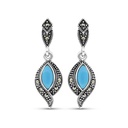 Sterling Silver 925 Earring Embedded With Natural Processed Turquoise And Marcasite Stones