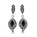 Sterling Silver 925 Earring Embedded With Natural Black Agate And Marcasite Stones