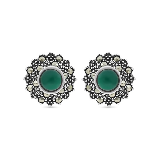 [EAR04MAR00GAGA349] Sterling Silver 925 Earring Embedded With Natural Green Agate And Marcasite Stones