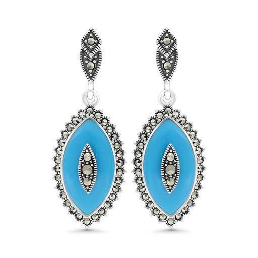 [EAR04MAR00TRQA352] Sterling Silver 925 Earring Embedded With Natural Processed Turquoise And Marcasite Stones