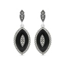 Sterling Silver 925 Earring Embedded With Natural Black Agate And Marcasite Stones