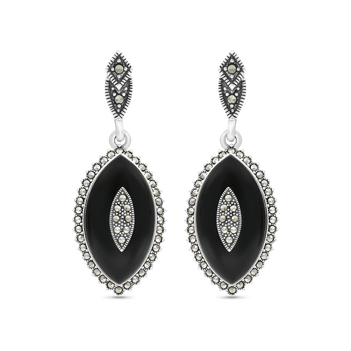 [EAR04MAR00ONXA352] Sterling Silver 925 Earring Embedded With Natural Black Agate And Marcasite Stones