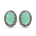 Sterling Silver 925 Earring Embedded With Natural Green Agate And Marcasite Stones