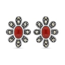 Sterling Silver 925 Earring Embedded With Natural Aqiq And Marcasite Stones