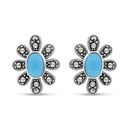 Sterling Silver 925 Earring Embedded With Natural Processed Turquoise And Marcasite Stones