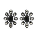 Sterling Silver 925 Earring Embedded With Natural Black Agate And Marcasite Stones