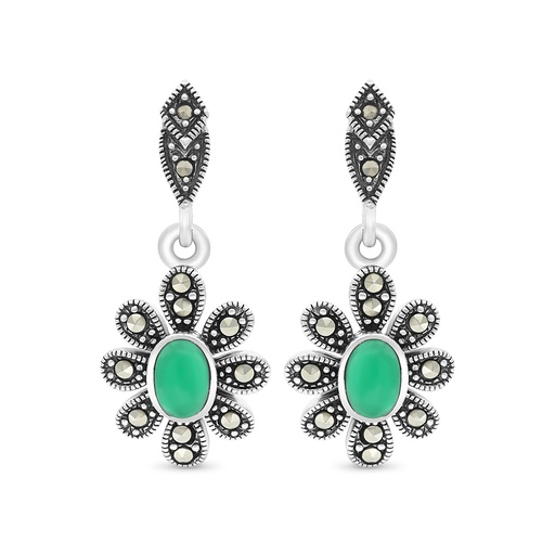 [EAR04MAR00GAGA357] Sterling Silver 925 Earring Embedded With Natural Green Agate And Marcasite Stones