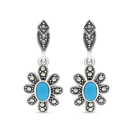 [EAR04MAR00TRQA357] Sterling Silver 925 Earring Embedded With Natural Processed Turquoise And Marcasite Stones