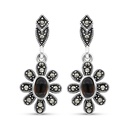 Sterling Silver 925 Earring Embedded With Natural Black Agate And Marcasite Stones